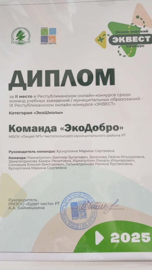 Чистопольские лицеисты заняли призовое место в республиканском конкурсе «ЭКВЕСТ»