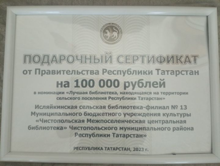 Библиотеки Чистопольского района удостоены денежных поощрений от Министерства культуры РТ
