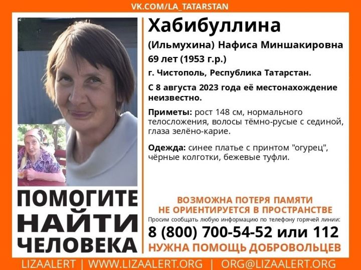 В Чистополе разыскивают 69-летнюю женщину